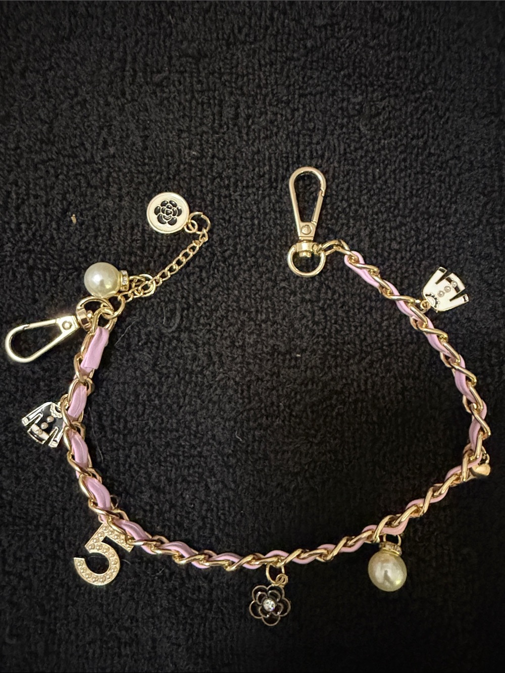 Gold-Tone Pink Braided Charm Bag Charm with Pearls and Number 5 Accent
